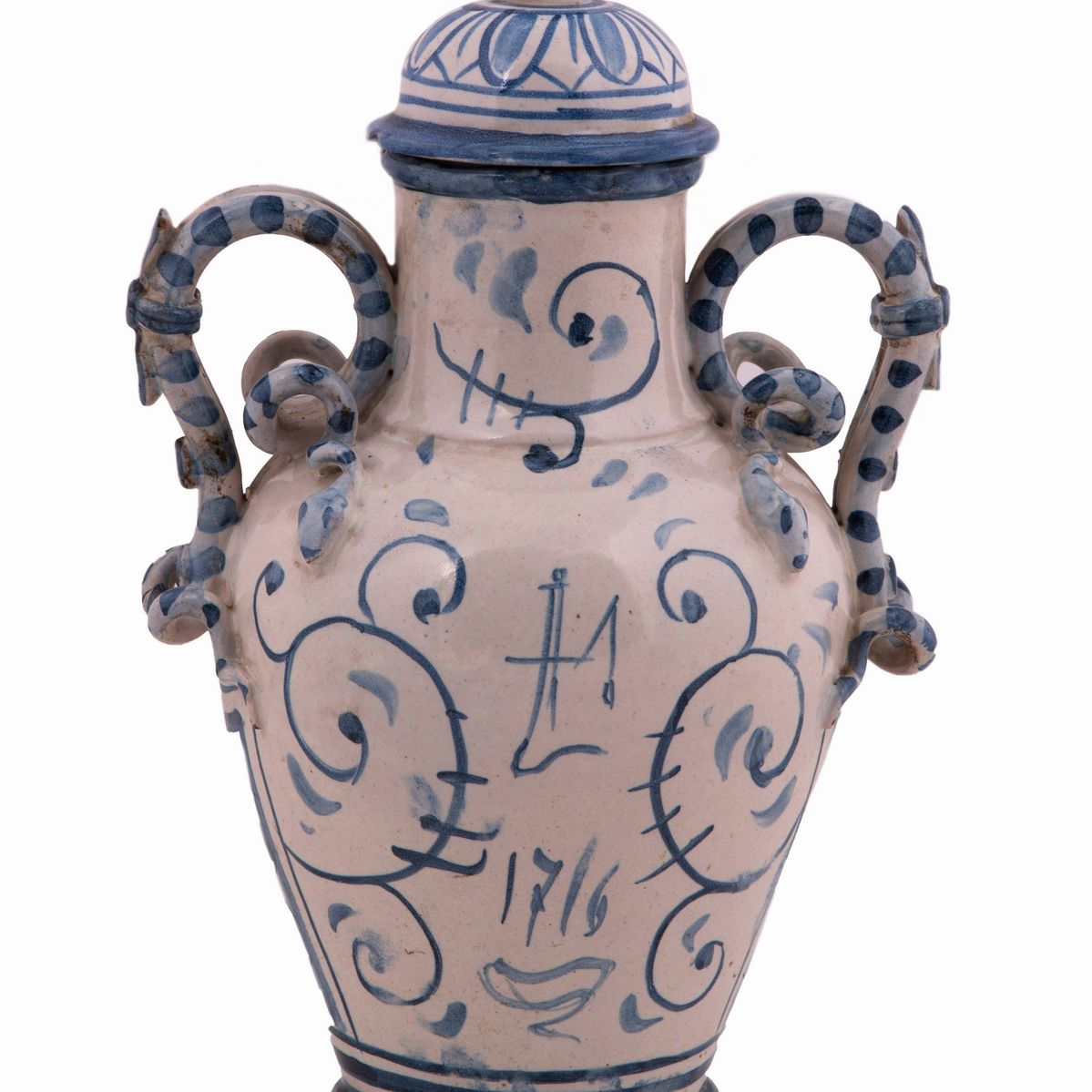 Coppia di Vasi Savona con Coperchio in Ceramica Bianca e Blu