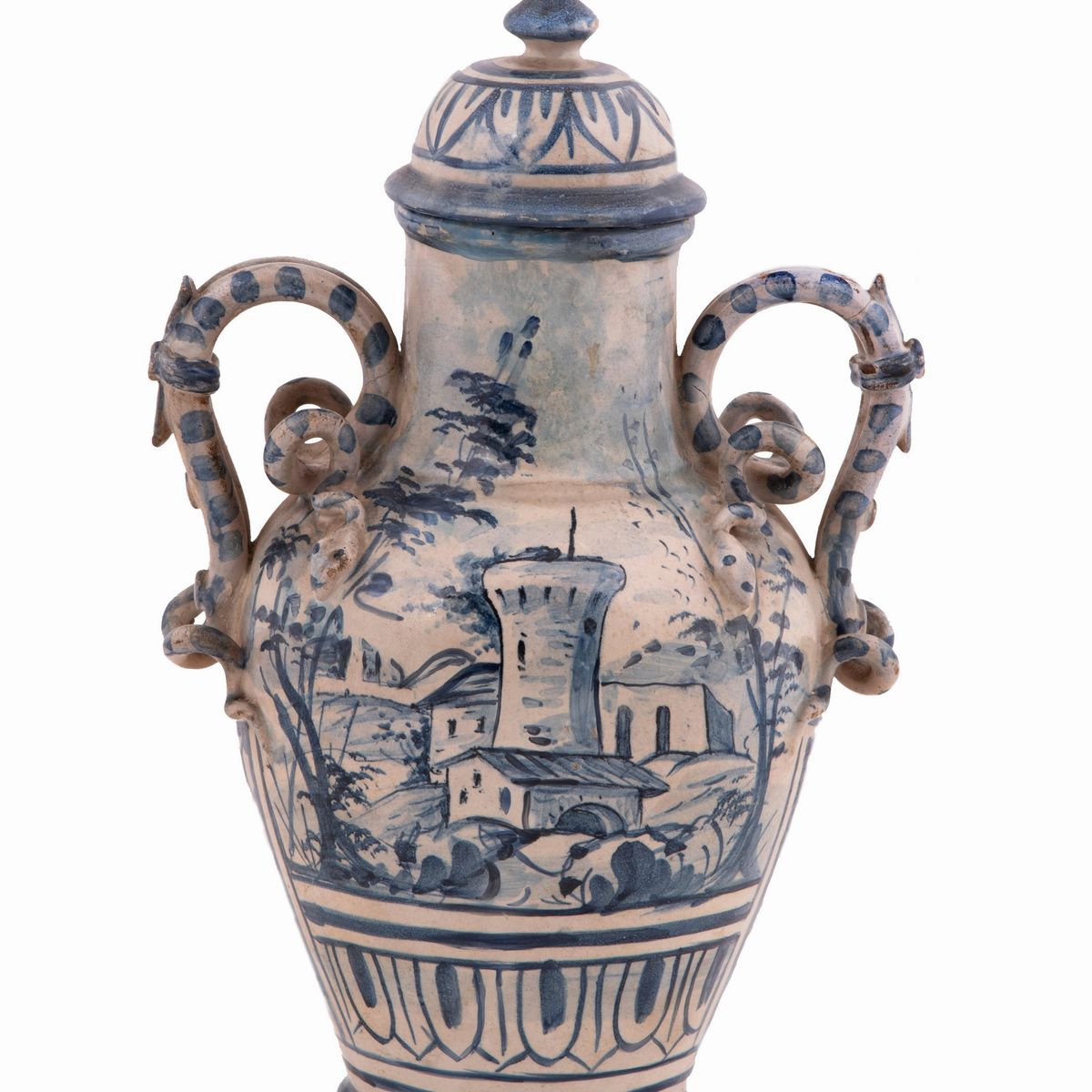 Coppia di Vasi Savona con Coperchio in Ceramica Bianca e Blu