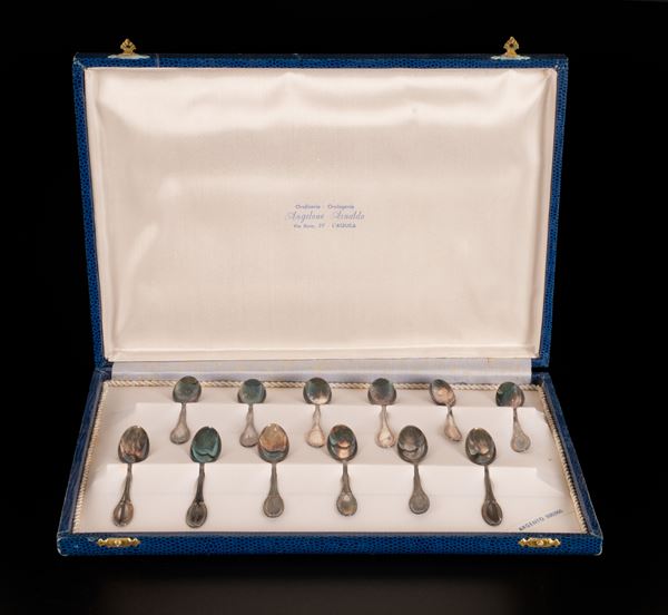 Lotto di 12 cucchiaini in argento 800/000 in scatola blu