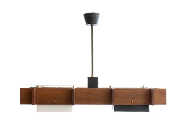 Angelo  Brotto - Chandelier with six lights with teak structure, plexiglass and metal diffusers