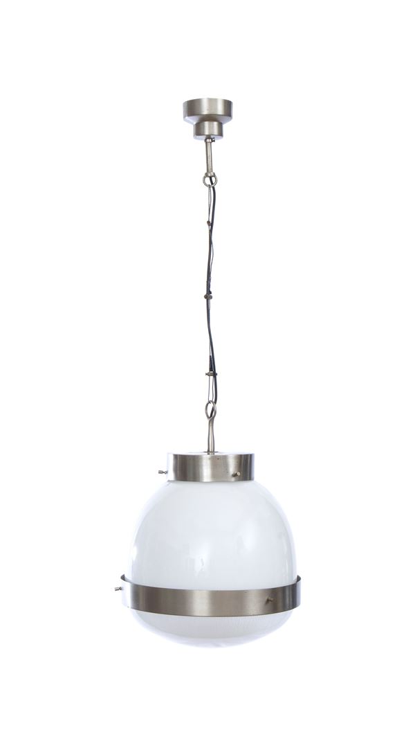Sergio Mazza - Pendant lamp mod. Delta with nickel-plated brass structure, diffuser and glass cup 