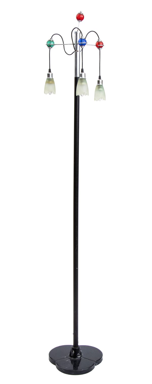 Floor lamp in lacquered metal with three lights with spherical inserts in colored glass