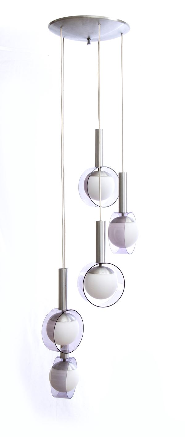 Pendant lamp with five lights with metal frame, opal glass and methacrylate