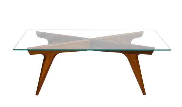 Gio Ponti - Gio Ponti style coffee table with wooden structure and rectangular glass top