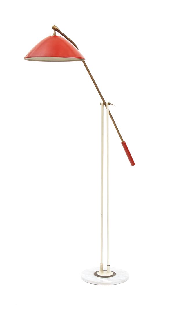Floor lamp with white lacquered metal structure, lampshade and barbell in red lacquered metal. Marble base and brass details 
