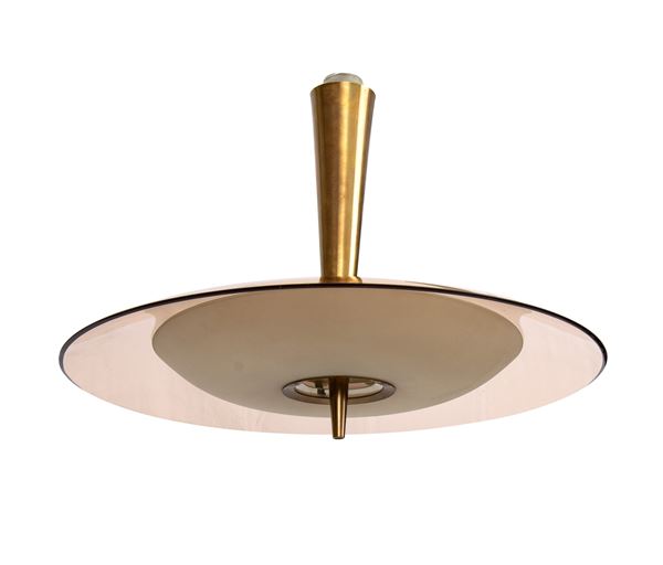 Max Ingrand - Model 1462 pendant lamp made with brushed brass structure and diffuser in curved and colored satin glass