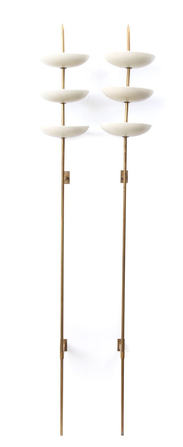 Pair of large Stilnovo wall lamps in polished brass and laquered metal 