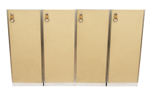 Guido Faleschini - 4 modules wooden wardrobe covered in blue suede and white leather. Steel handles