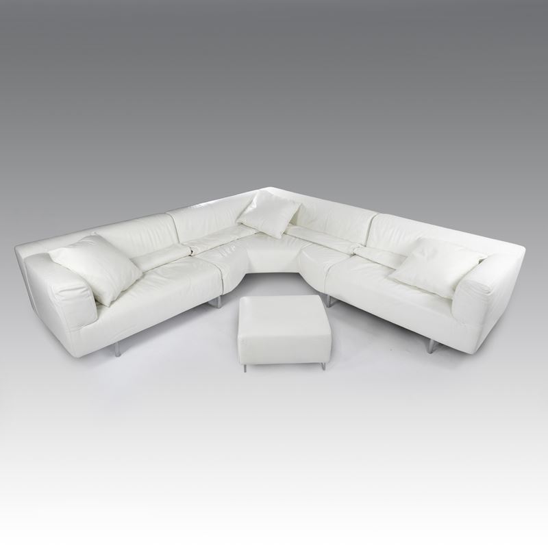 Piero Lissoni - Divano MET in pelle con pouf, produzione Cassina, anni '90