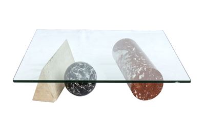 Casigliani, Tavolo da caffè “Metaphora” in marmi vari e cristallo (1979)