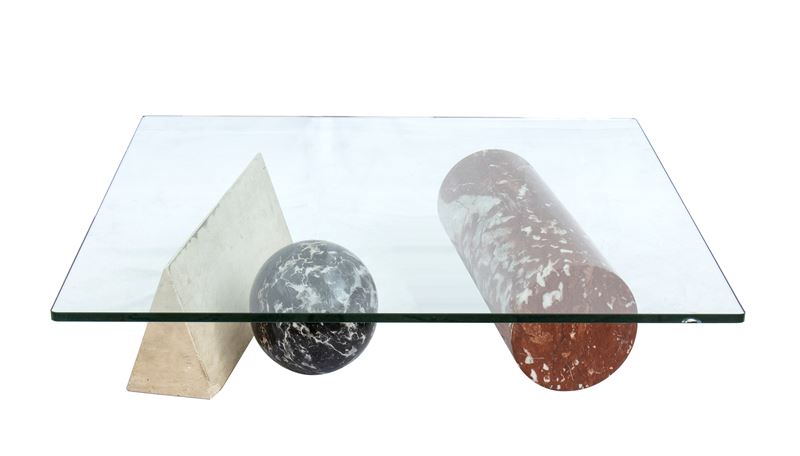 Massimo Vignelli - Casigliani, Tavolo da caffè “Metaphora” in marmi vari e cristallo (1979)