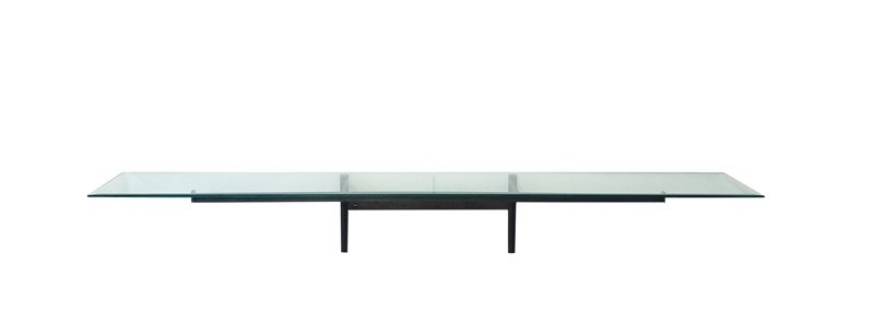 Consolle da muro con struttura in acciaio e piano in cristallo, cm 38,5x270,5