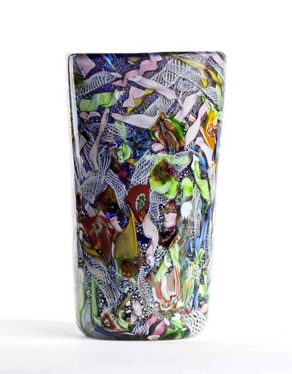 Archimede  Seguso - Sommerso glass vase with inclusion of polychrome murrins and gold sprays