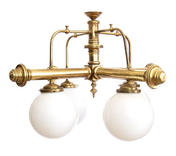 Chandelier with four brass flames and opal glass diffusers 