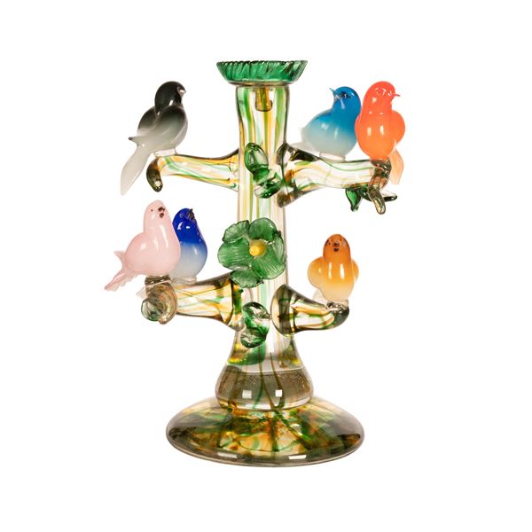 Blown glass sculpture depicting 6 birds on a tree