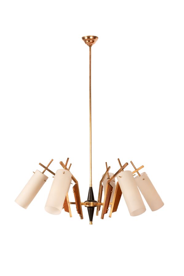 Brass and wood chandelier with cylindrical satin glass diffusers