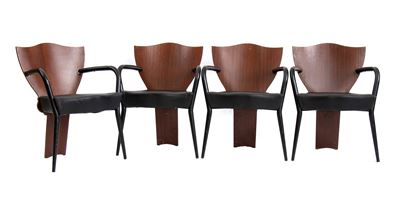 Quattro sedie mod. Dalami (produzione Scarabas) - struttura in legno e metallo verniciato