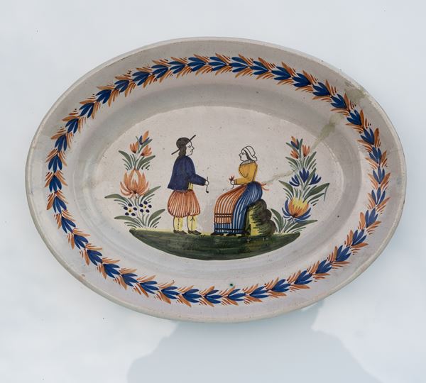 Vassoio con decoro di uomo e dama in costumi tradizionali. H.B. Quimber