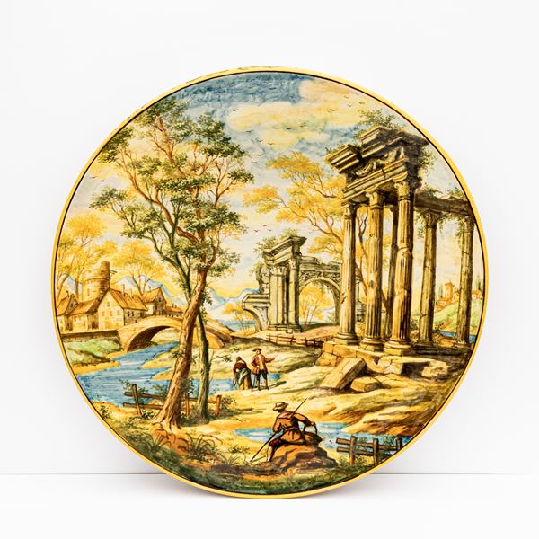 Manifattura Minghetti, Bologna fine del XIX secolo - Grande piatto con paesaggio, viandanti e rovine