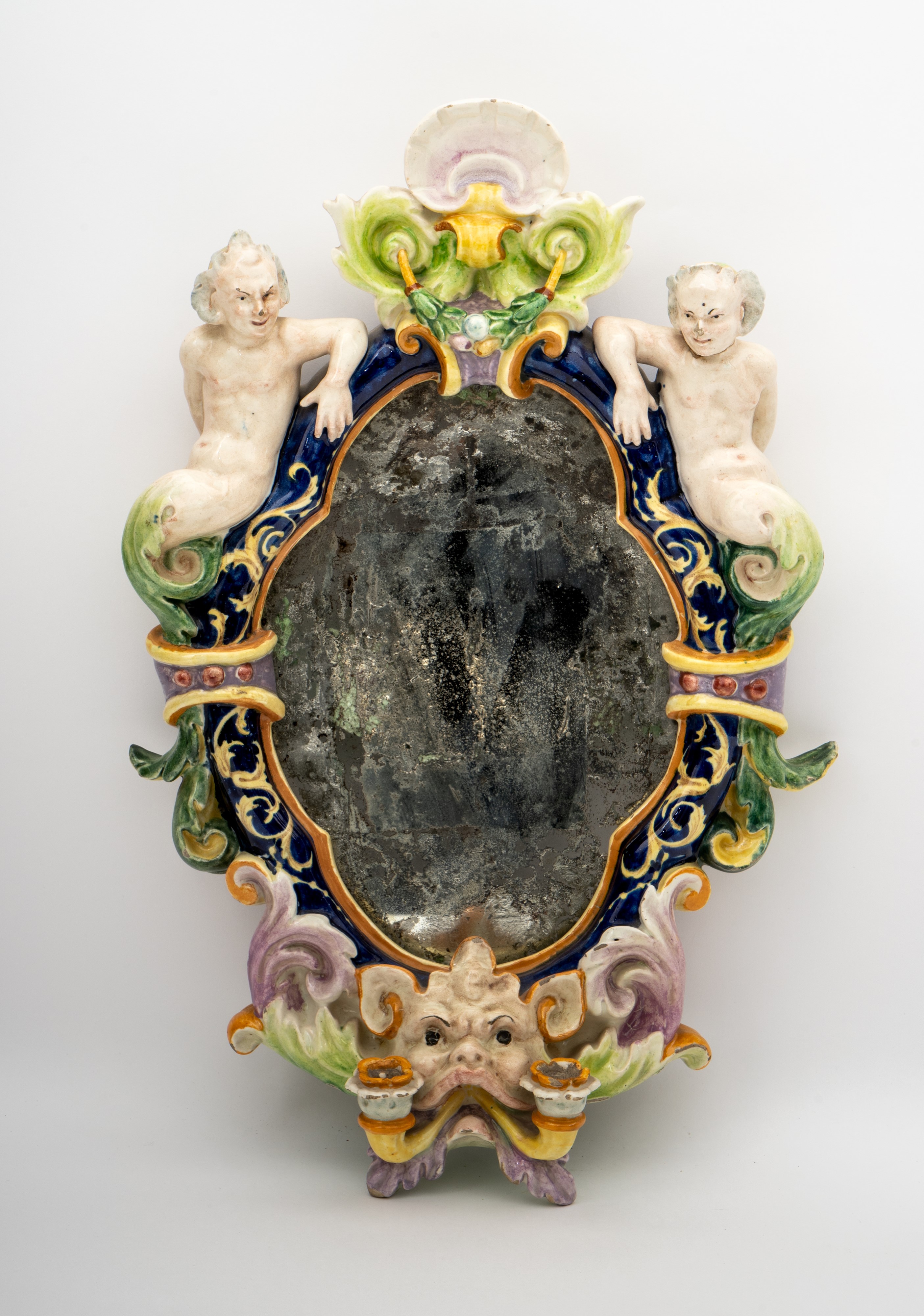 Manifattura Battaglia, Napoli XIX Secolo - Deliziosa Applique Candeliere a Due Fuochi in Maiolica...