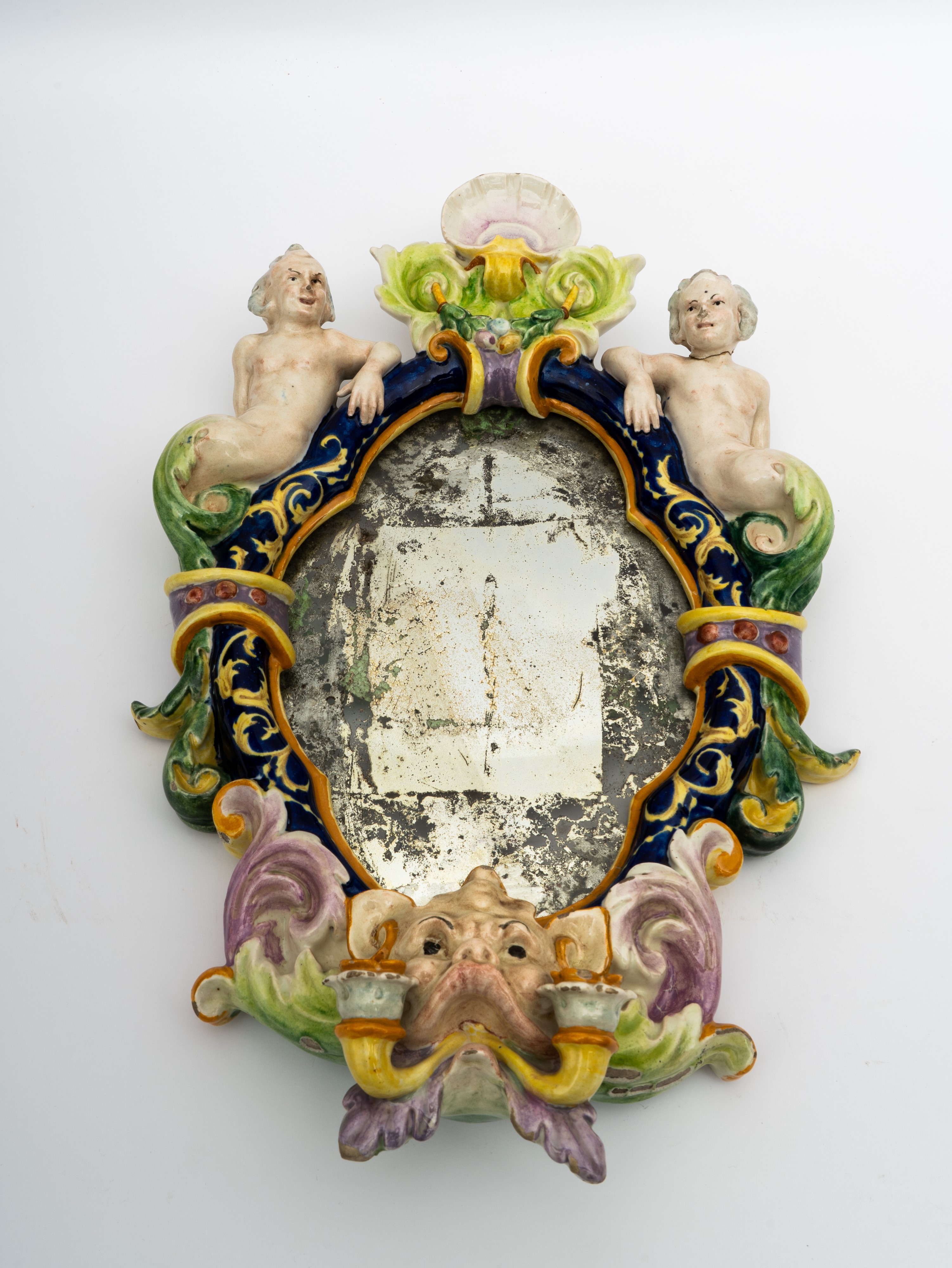Manifattura Battaglia, Napoli XIX Secolo - Deliziosa Applique Candeliere a Due Fuochi in Maiolica...