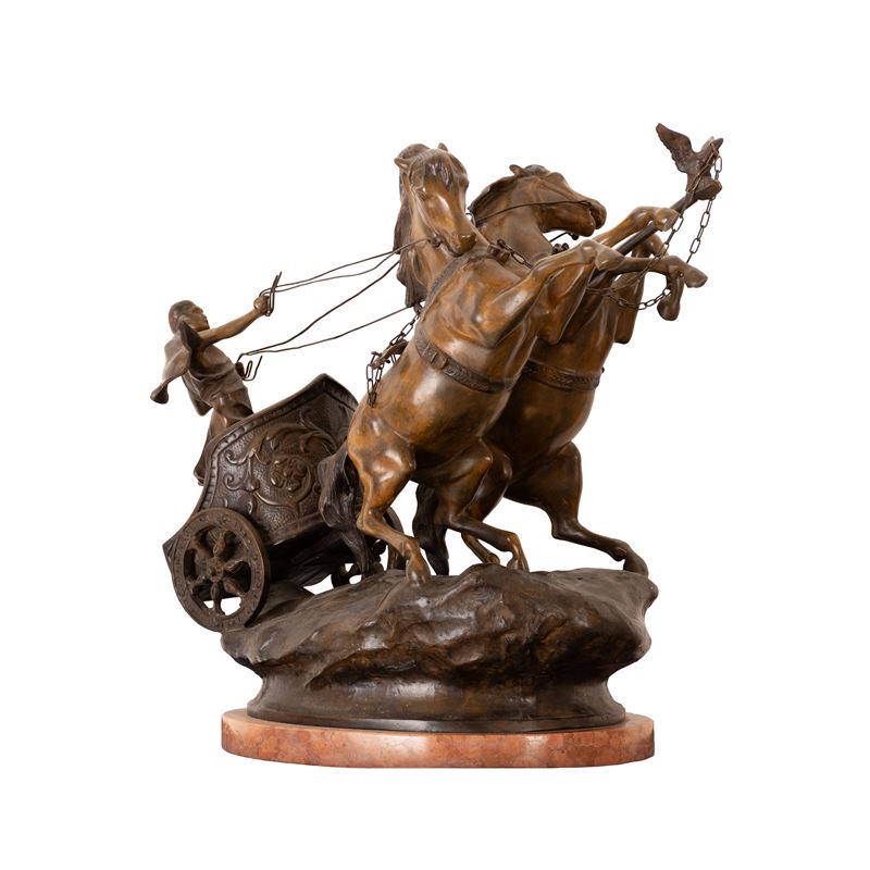 Ferdinando De Luca - Biga Classica in Bronzo con Cavalli Rampanti su Base Rocciosa.