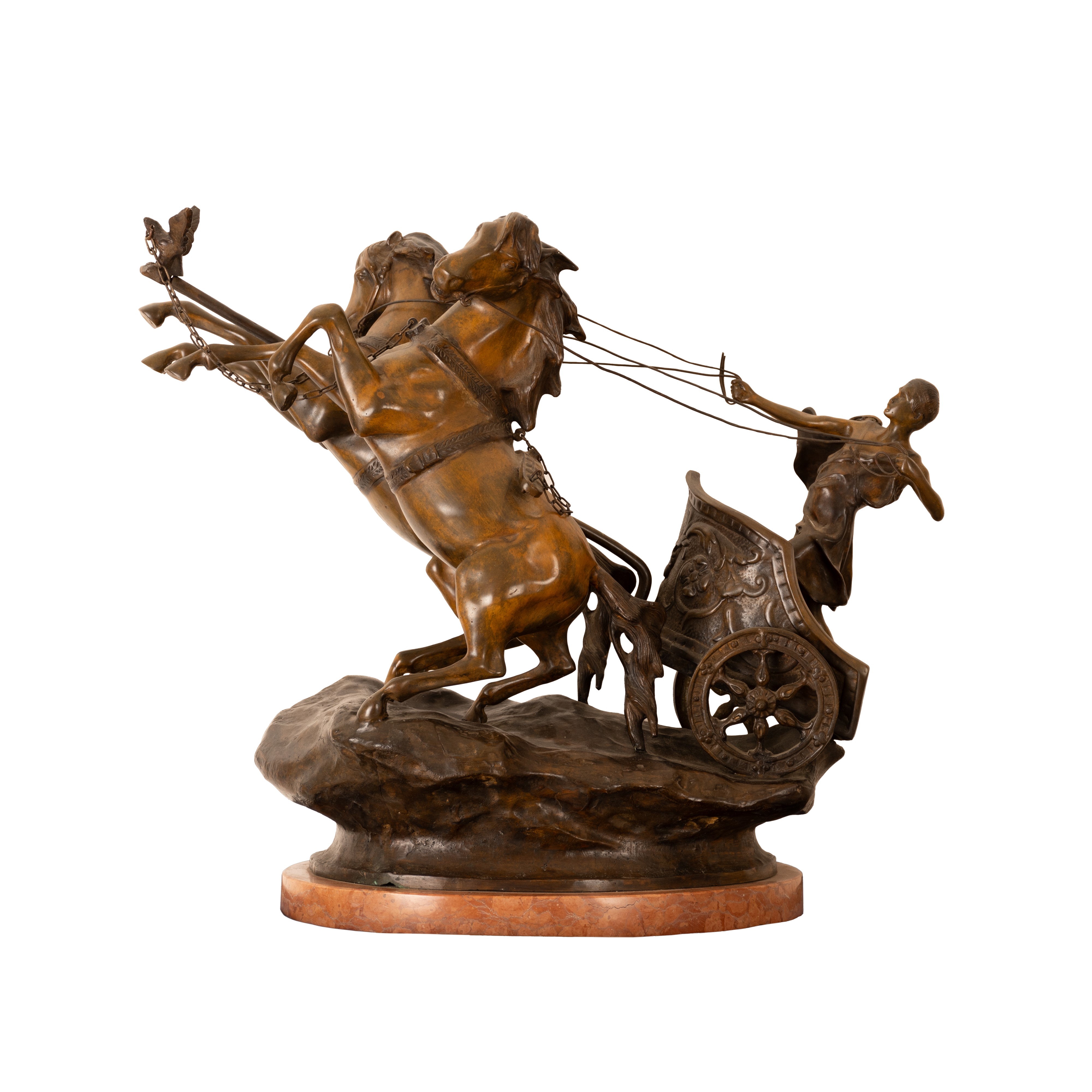 Ferdinando De Luca - Biga Classica in Bronzo con Cavalli Rampanti su Base Rocciosa.