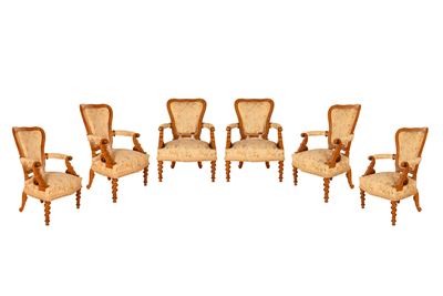 Sei Poltrone Biedermeier in Radica di Tuia Filettate in Acero