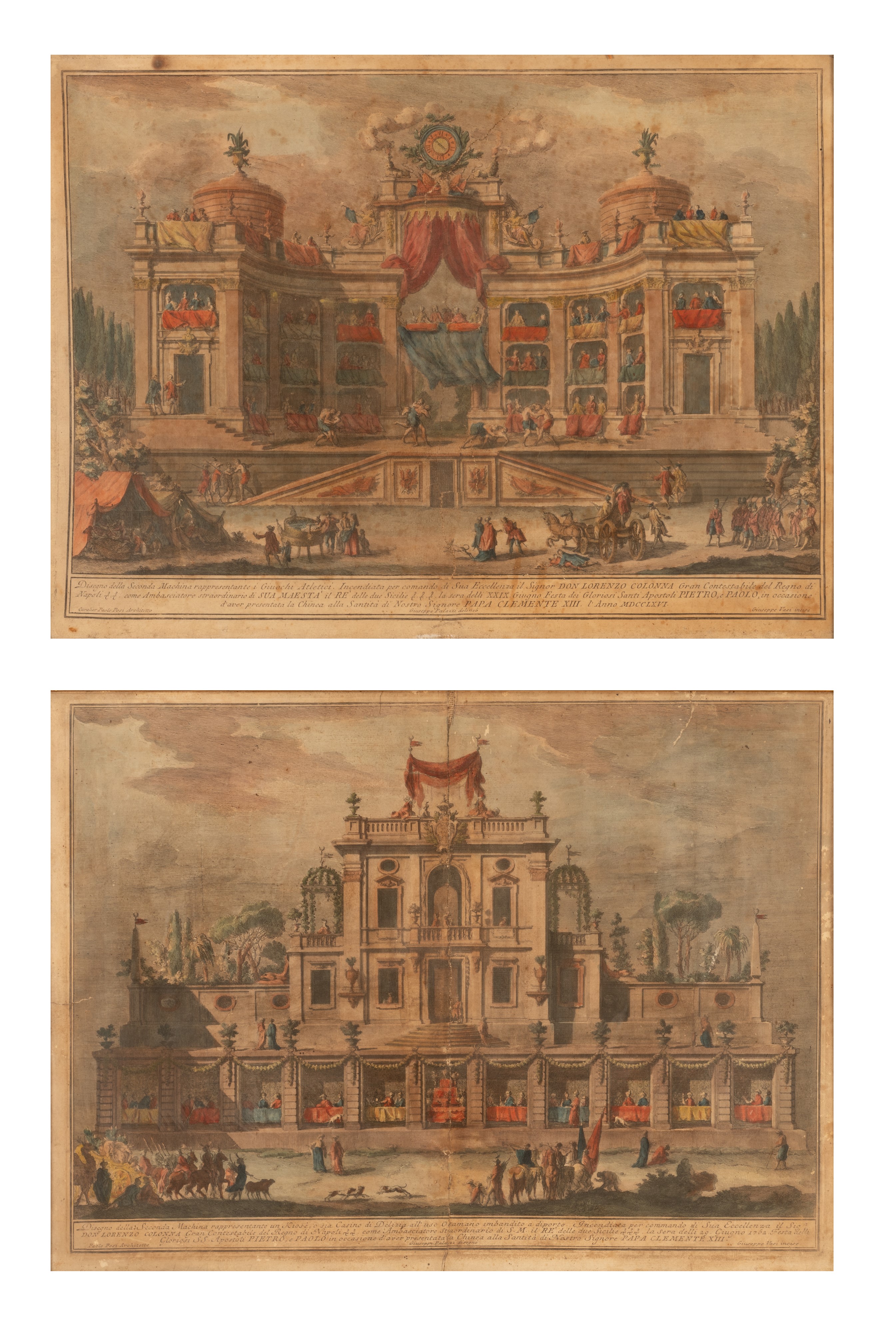 Giuseppe Vasi - Coppia di Acqueforti: Disegni della Seconda Machina