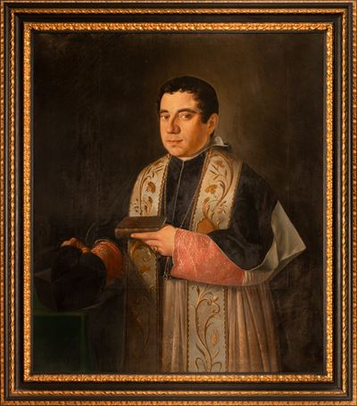 Ritratto di Giovane Vescovo in Antica Cornice Salvator Rosa Intagliata, Ebanizzata e Dorata