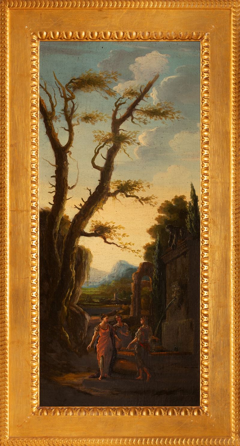 Passaggio con capriccio architettonico e tre figure di donne davanti ad una fontana sormontata da...