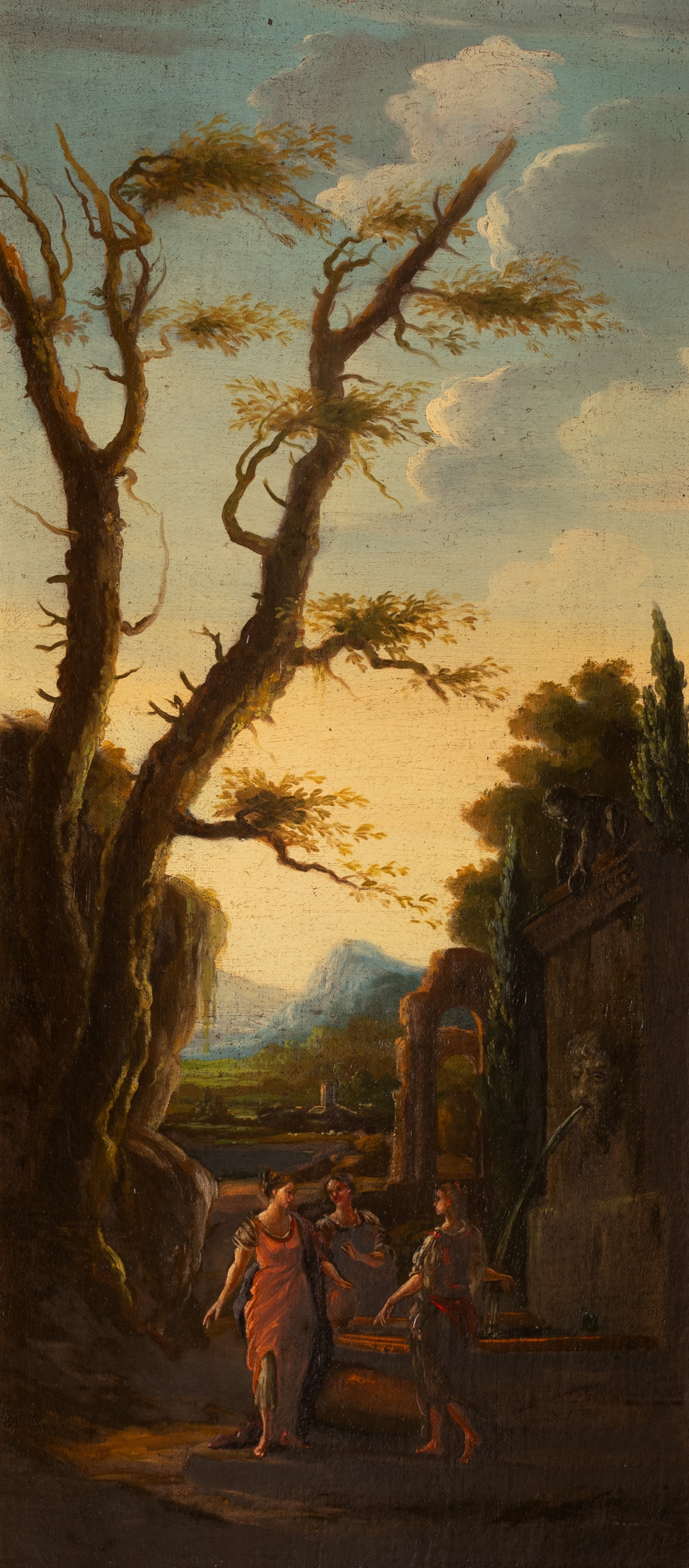 Passaggio con capriccio architettonico e tre figure di donne davanti ad una fontana sormontata da...