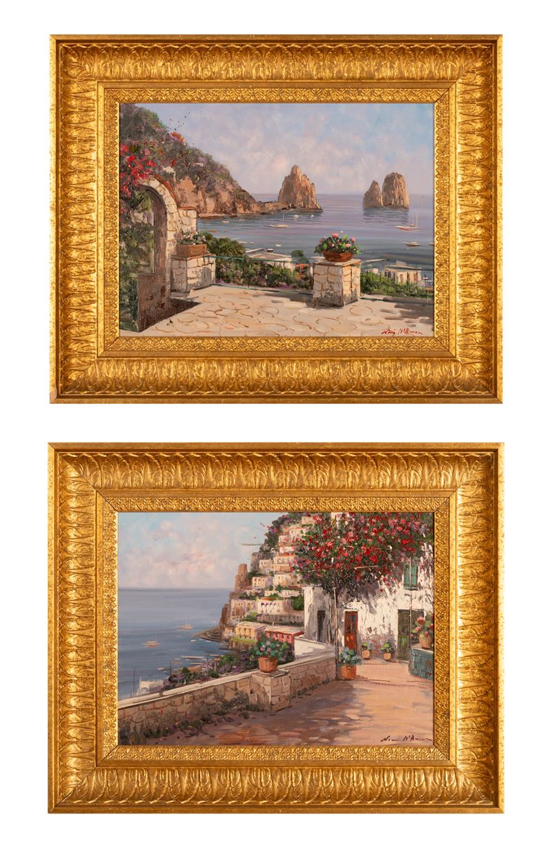 Coppia di oli su tela raffiguranti scorcio di Positano e i Faraglioni di Capri.