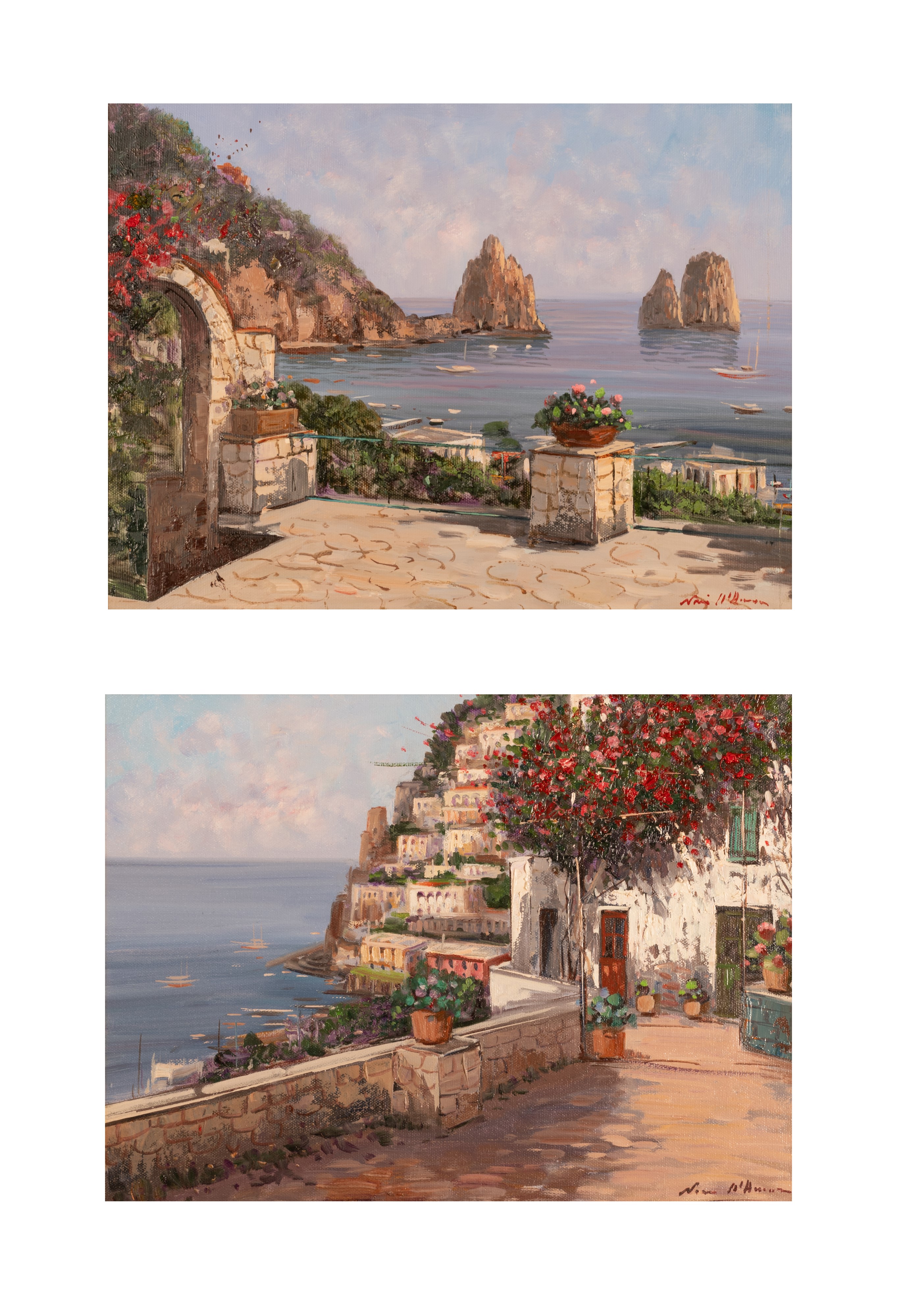 Coppia di oli su tela raffiguranti scorcio di Positano e i Faraglioni di Capri.