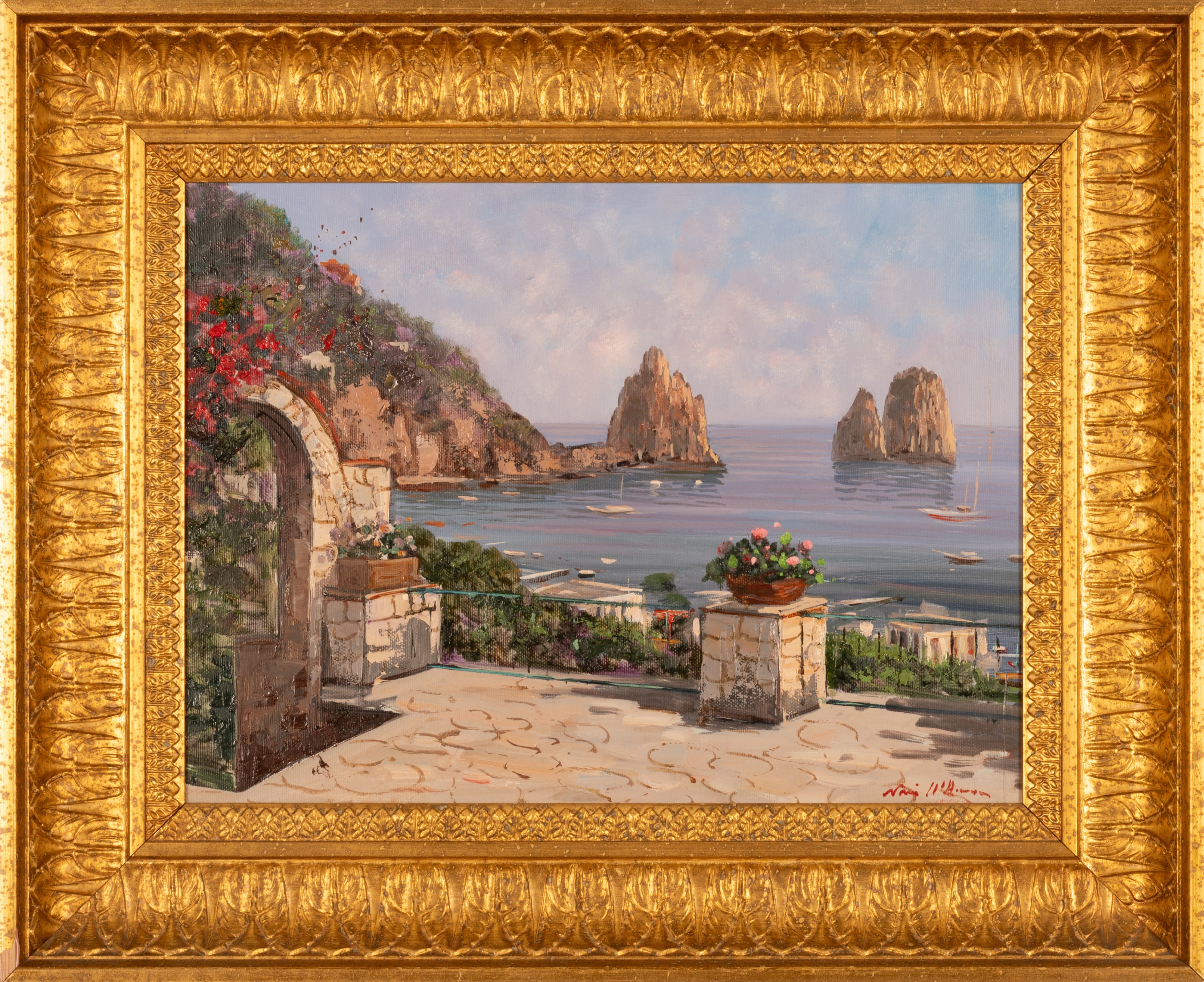 Coppia di oli su tela raffiguranti scorcio di Positano e i Faraglioni di Capri.