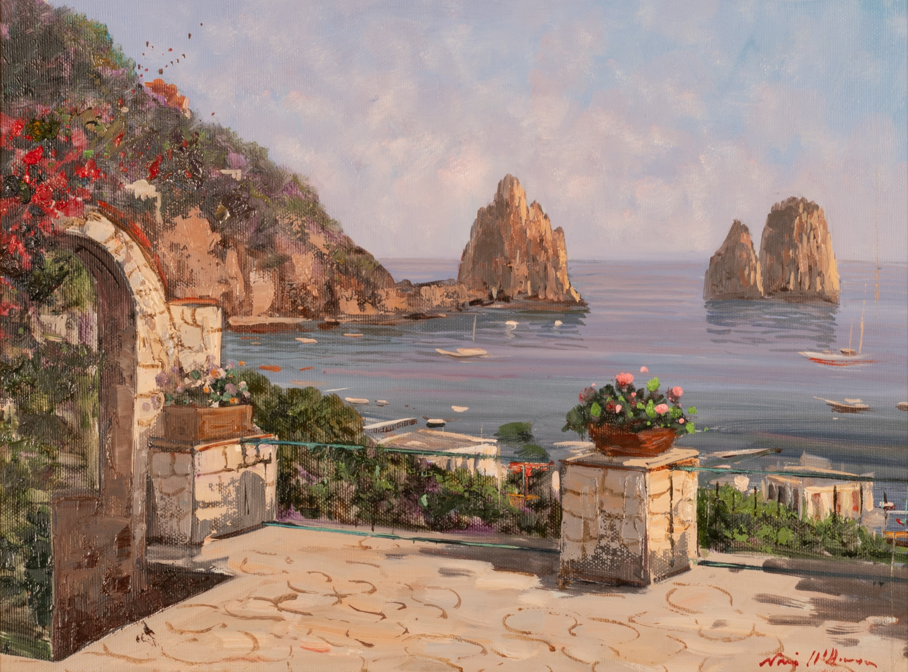 Coppia di oli su tela raffiguranti scorcio di Positano e i Faraglioni di Capri.