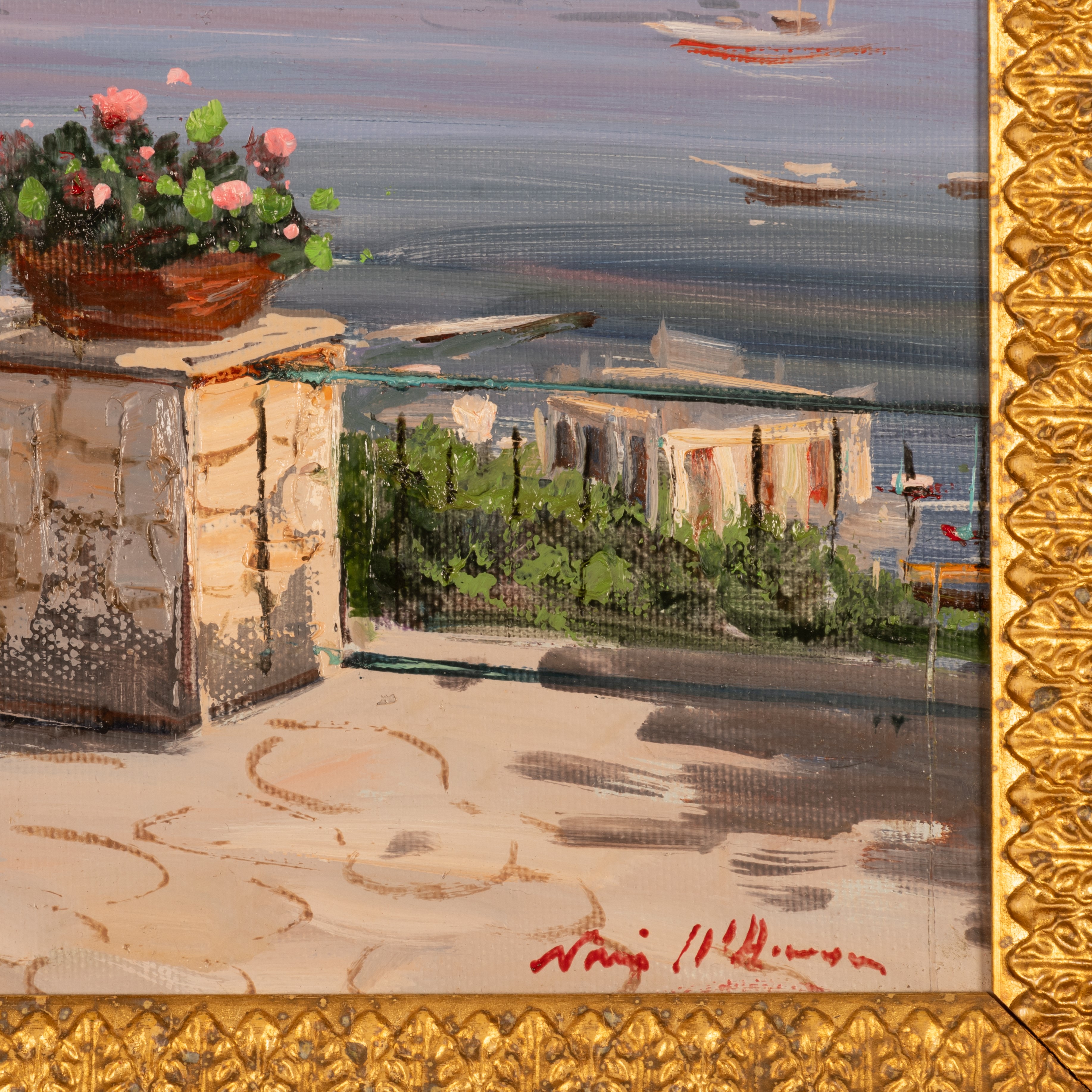 Coppia di oli su tela raffiguranti scorcio di Positano e i Faraglioni di Capri.