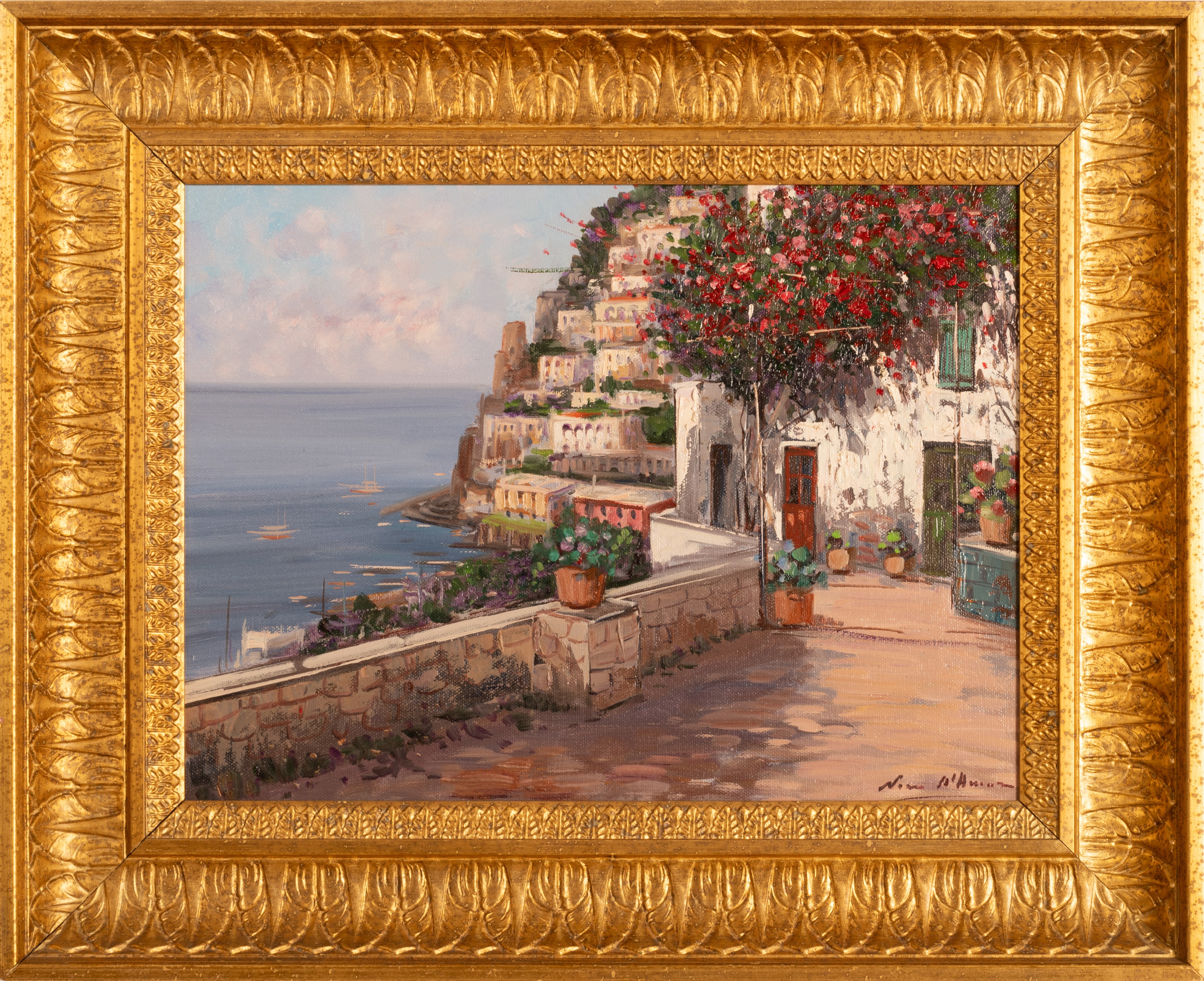 Coppia di oli su tela raffiguranti scorcio di Positano e i Faraglioni di Capri.