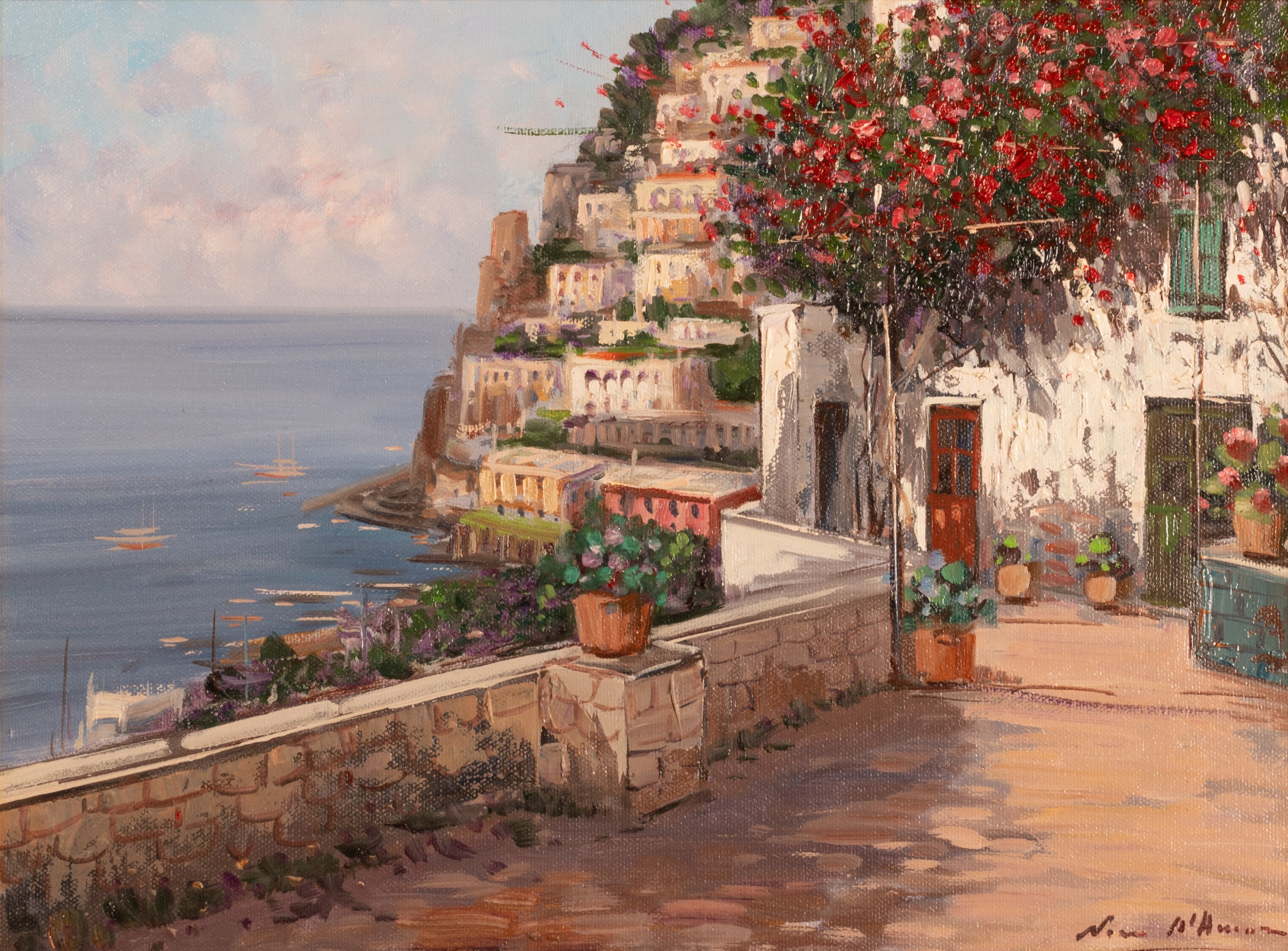 Coppia di oli su tela raffiguranti scorcio di Positano e i Faraglioni di Capri.