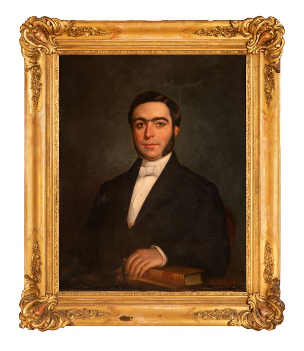 Antoine Placide Gibert - Ritratto a mezzo busto di gentiluomo seduto stante a tenere una mano sul volume "Traitè sur le vins du Medoc" di William Franck, edito nel 1845.