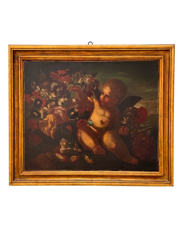 Giovanni Paolo Castelli Lo spadino - Coppia di dipinti raffiguranti putti tra trionfi  di  fiori e frutti